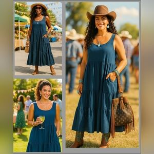 Casual 2XL Navy Blue Tiered Cottagecore Smocked Midi Maxi New